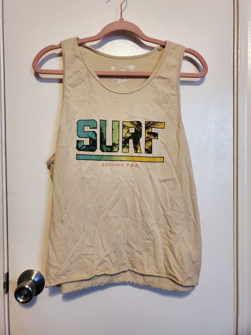 American Eagle Beige "SURF" Graphic Tank Top